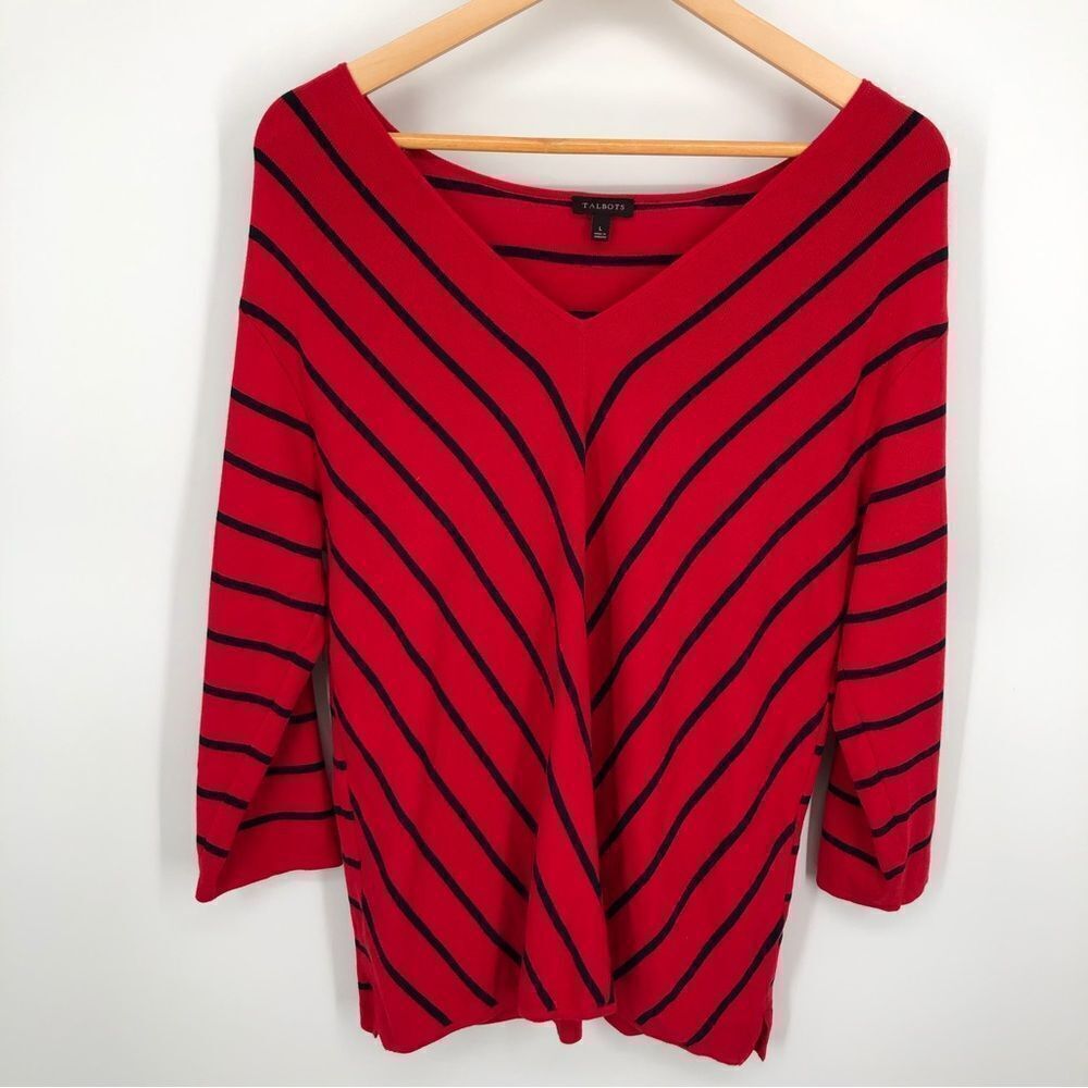 Talbots Sweater Top‎ Womens Large Red V Neck Striped 3/4 Sleeve